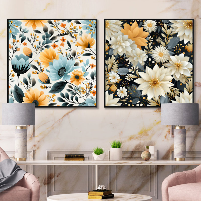 Montpetit - Ensemble de 2 collages floraux carrés, Cadre flottant noir, H 30 po x l 61 po