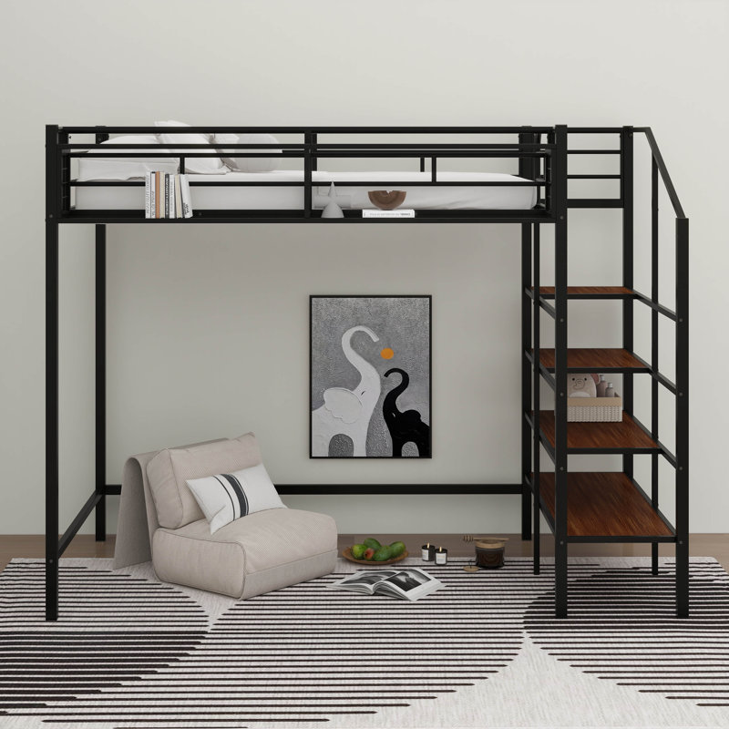 Structure de lit simple de taille mezzanine avec escalier, tablette de rangement, Noir