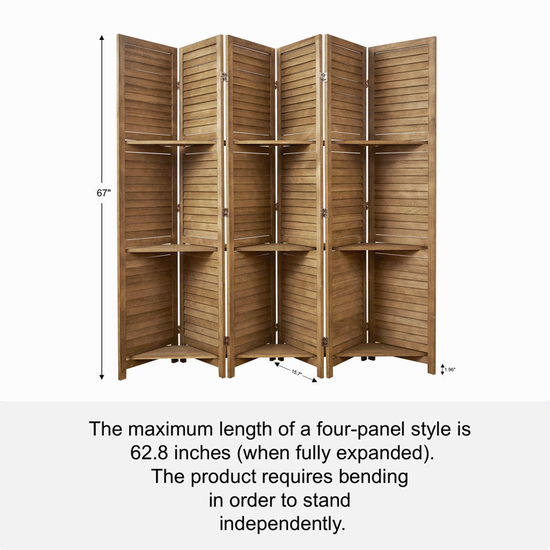 Paravent avec tablettes, écran en bois pliable de 5,6 pi avec charnières doubles, H 67 po x l 92,40 po x P 0,79 po, Brun