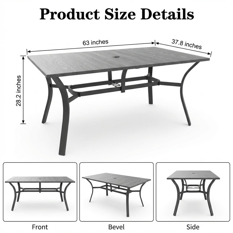 Table de salle à manger rectangulaire robuste avec trou pour parasol et finition grain de bois rétro