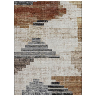 Tapis intérieur/extérieur lavable, 90 x 150 cm, motif géométrique rouille, ivoire et anthracite