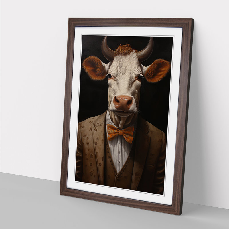 Cow in a Suit Painting - Framed Print, 34cm H x 25cm W, Walnut Framed