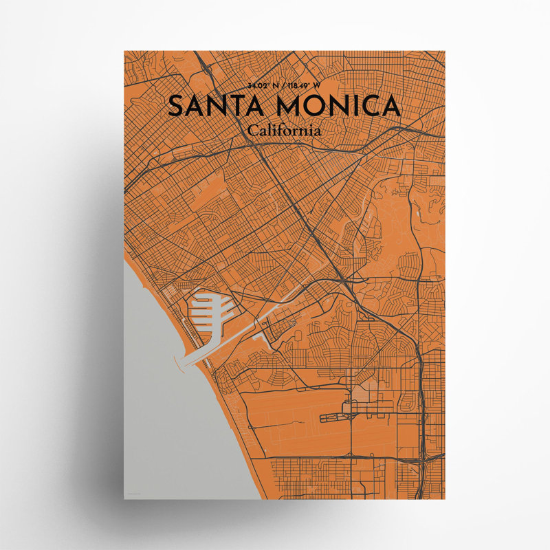 Santa Monica, carte de la ville, impression, H 27,6 po x l 19,7 po, Orange / gris