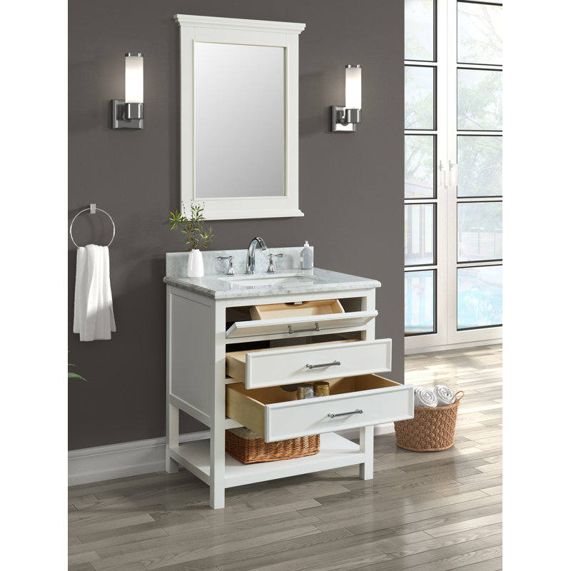 Meuble-lavabo simple 30 po Manhattan avec comptoir en marbre de Carrare, pré-assemblé, Blanc, Polished Marble