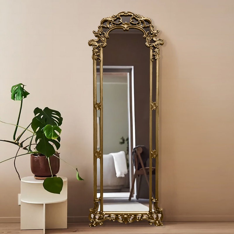 Baroque Hand-Carved Arched Floor-Mounted Full-Length Mirror, 66.93" x 23.62"