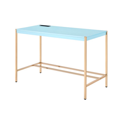 Modern Blue & Gold Writing Desk With Ports And Power Outlets, Office Ports, Glossy Surface For