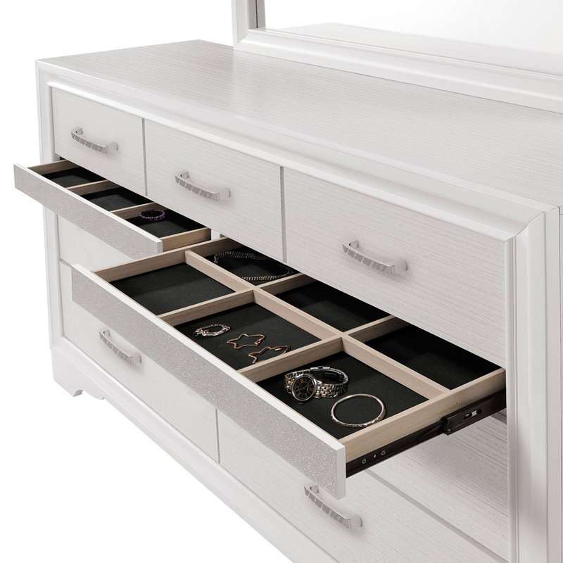Commode 7 tiroirs avec miroir blanc, Blanc
