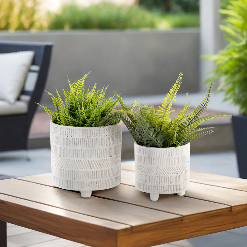 Charmayne Stoneware Ceramic Planter Set with Textured Design and Footed Base - Set of 2, Ivory