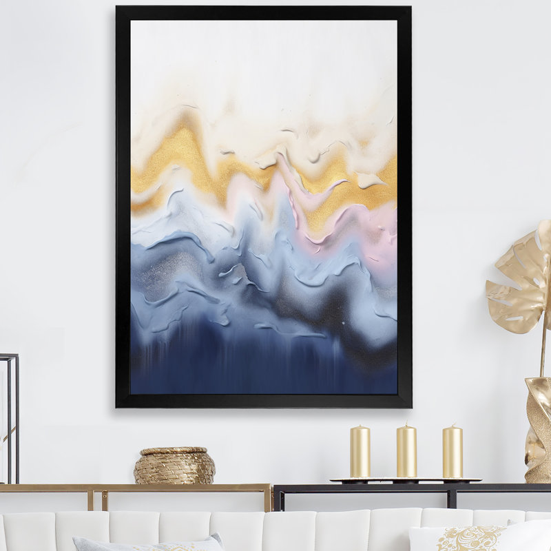 Encre liquide bleue et jaune, cascade II - encre liquide, art mural abstrait, Cadre flottant noir, H 32 po x l 16 po x P 1 po