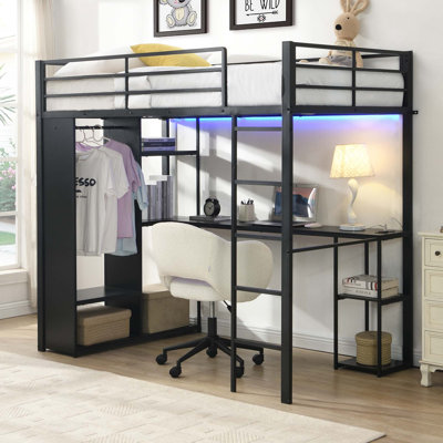Lit mezzanine en métal avec bureau intégré et rangement