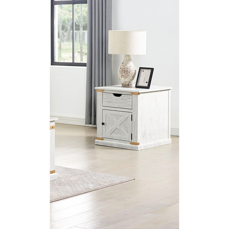 Blanc antique et doré, table de bout, rustique, conception de basse-cour, tiroir coulissant, rectangulaire, bois d'hévéa, table rustique moderne en métal 1pc blanc, avec tiroirs à glissière centrale