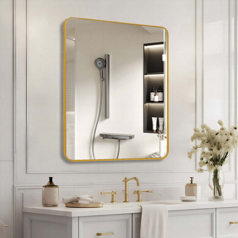 Metal Framed Square Bathrrom Mirror for Wall, Gold
