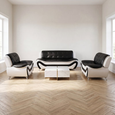 Ensemble de canapé capitonné en similicuir 3 pièces noir et blanc avec cadre en bois massif et mousse à mémoire de forme haute densité, ensemble de 2 fauteuils d'appoint