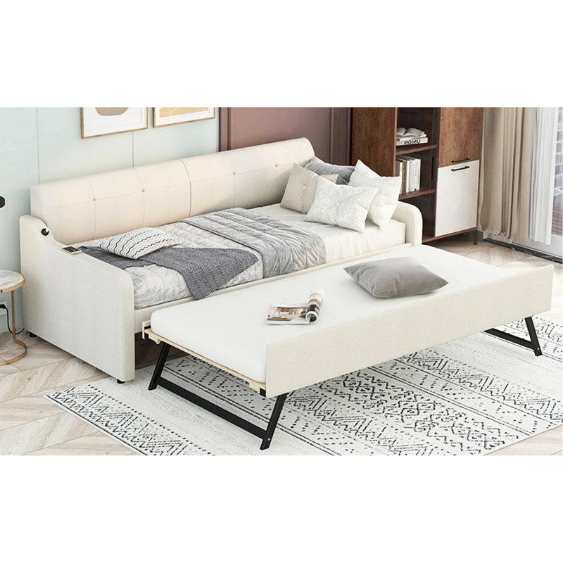 Lit de jour beige avec couchette mobile et prise de courant pour lit simple - Placid