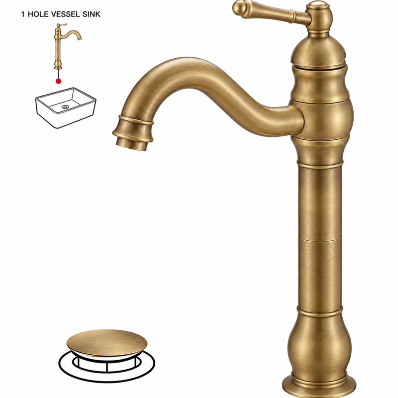 Vessel Sink Faucet, Single Handle Bathroom Faucet with 360° Swivel Gooseneck Spout, Antique Brass
