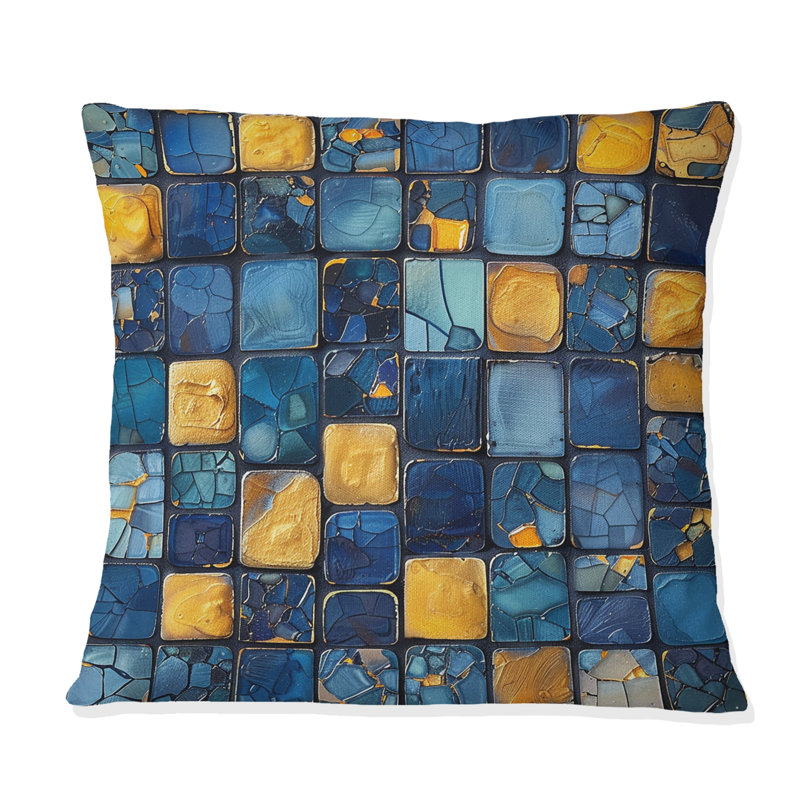 Coussin bleu et jaune Mid-Century Mosaic Tiles III - Mid-Century, H 16 po x l 16 po