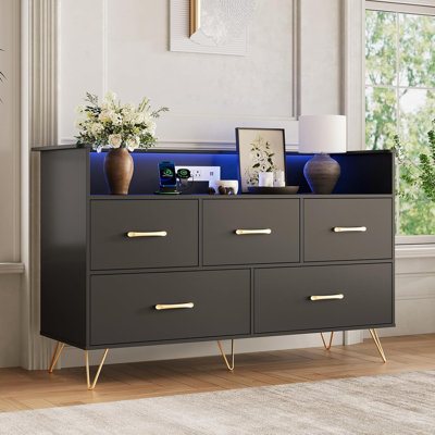47" Modern Dresser with 5 Drawers & LED Lights, Bedroom Chest of Drawers with Charging Station, Storage Organizer for Closet or Entryway by George Oliver