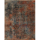 Shangri-La Hand Knotted Wool Area Rug in Blue/Coral/Silver/Black