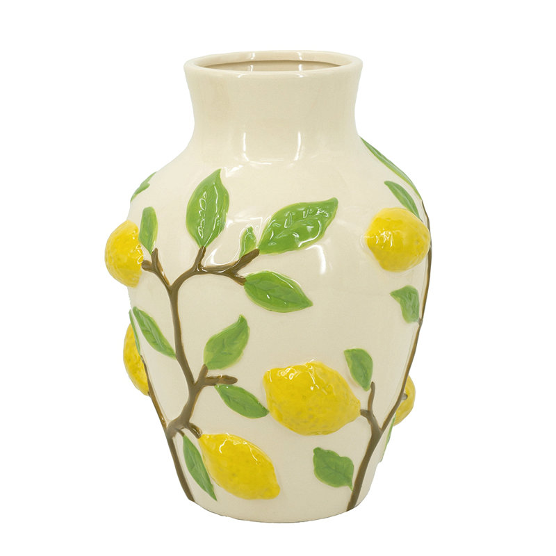 9X9X12.5" White Ceramic Vase With Vibrant Yellow Lemon Accents