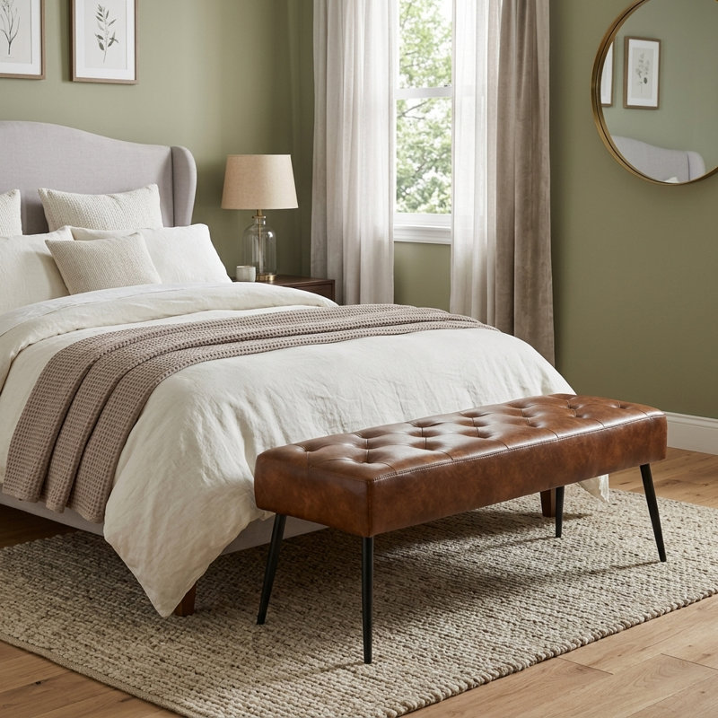 Lora Mid-Century Modern Tufted Leather Bench, 44" Wide with Metal Legs, Black/Yellowish Brown Faux Leather