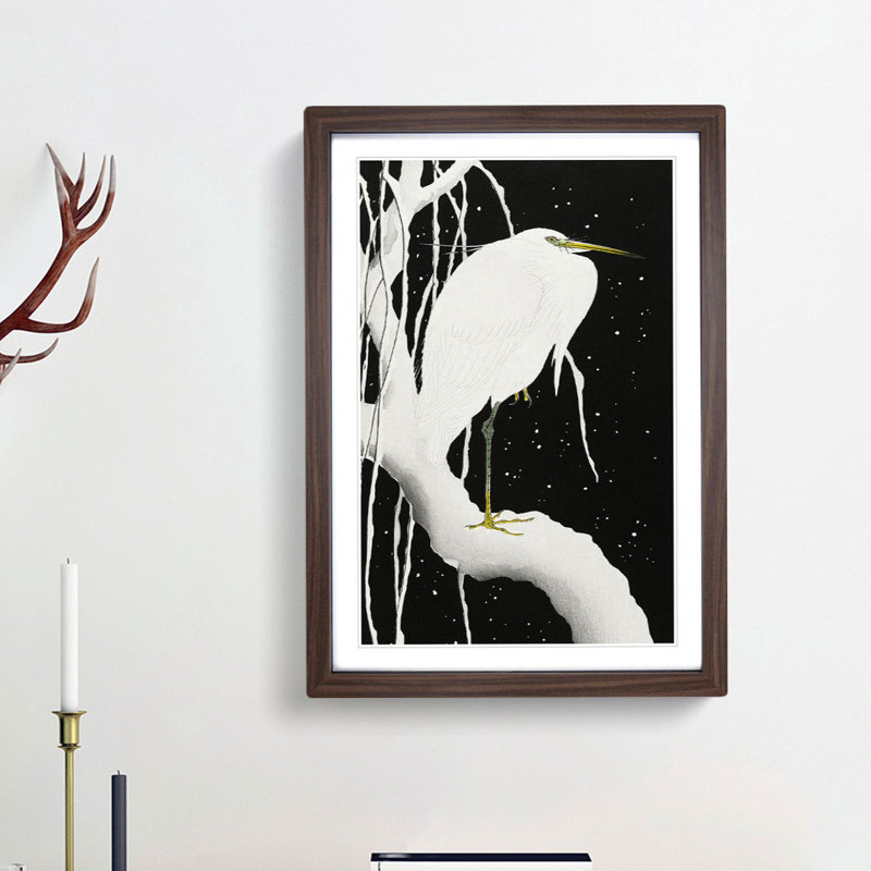 White Heron in the Snow by Ohara Koson - Framed Print, 36cm H x 27cm W x 2cm D, Walnut Framed