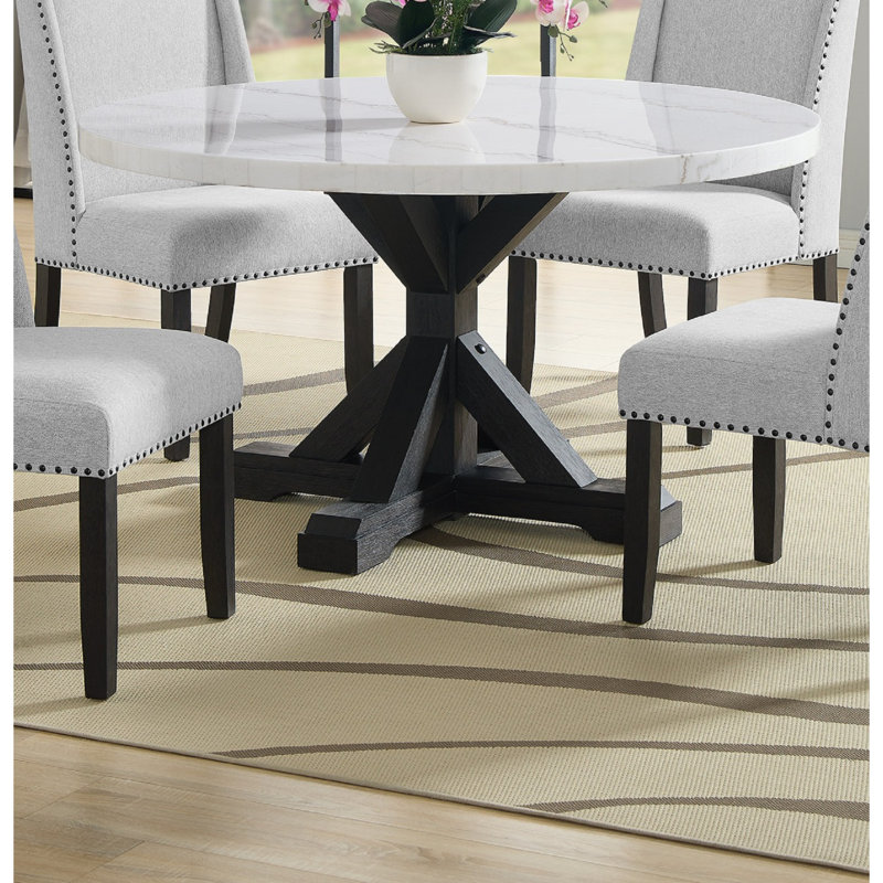 Table de salle à manger ronde 54 po Hirima Modern Elegance, base en bois d'acacia massif, Blanc / Gris
