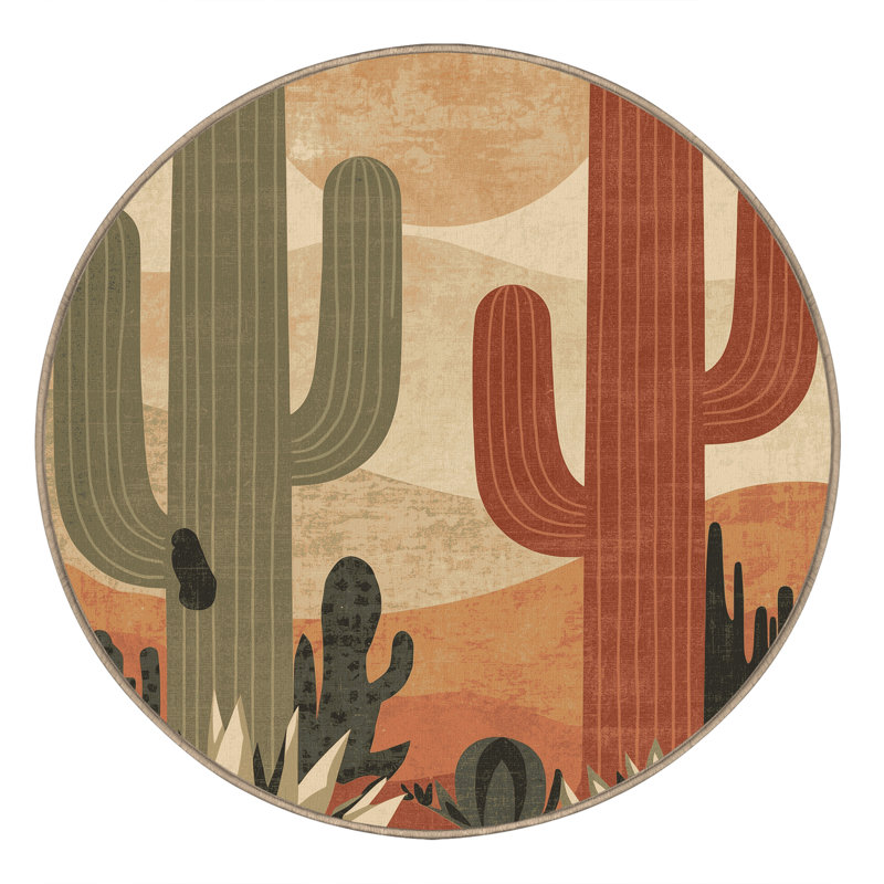 Tapis moelleux et moelleux au look rustique et moderne de style cactus brun et beige, 3' Round