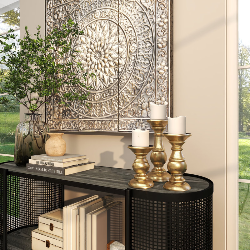 Mango Wood Turned Style Pillar Candle Holders, Gold