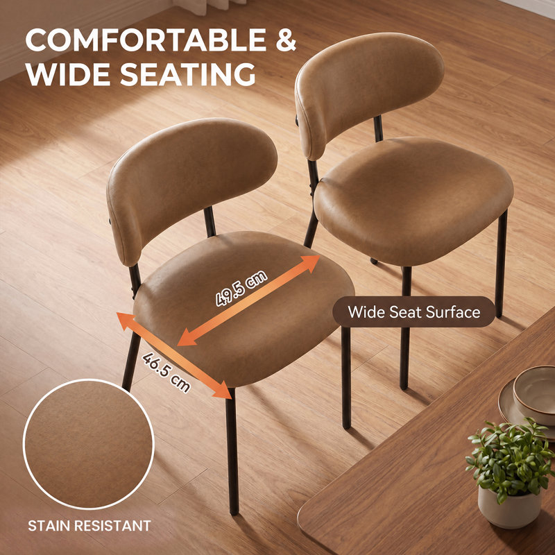Modern Upholstered Dining Chair, Metal Legs, 2P, Brown Faux Leather