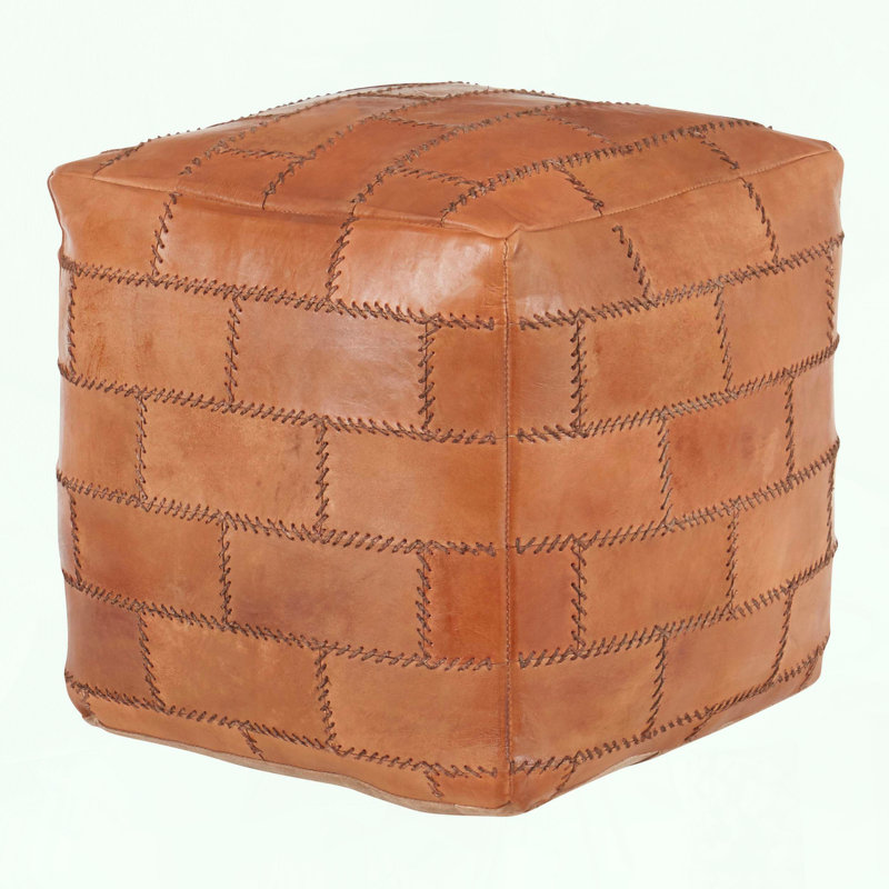 Square Ottoman with Brown Leather Patchwork