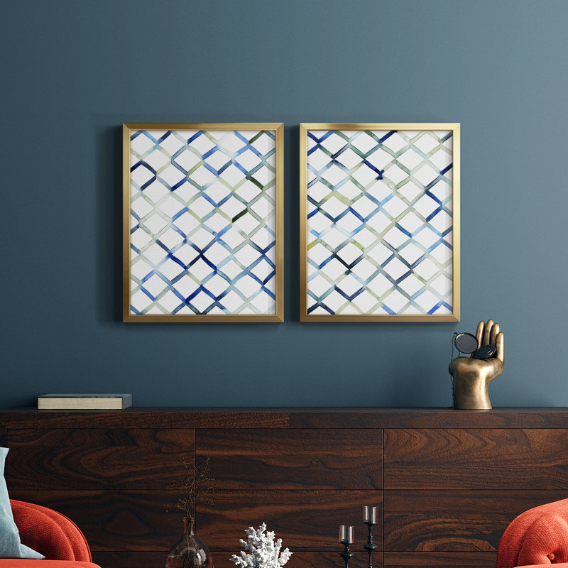 Sea Lattice I - ensemble de 2 peintures encadrées, H 16 po x l 38 po x P 1,5 po, Papier avec cadre doré