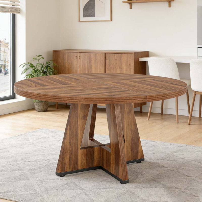 Wooden Round Dining Table Farmhouse Kitchen Dinner Table for 4, Retro Brown