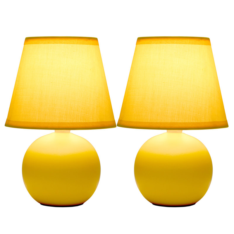Petite Yellow Ceramic Orb Base Table Lamp Set with Tapered Drum Shade