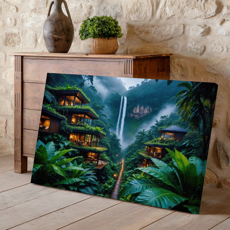 Toile, une luxuriante forêt tropicale, scène illuminée par des lumières chaudes et douces, art mural moderne sur plusieurs structures en bois