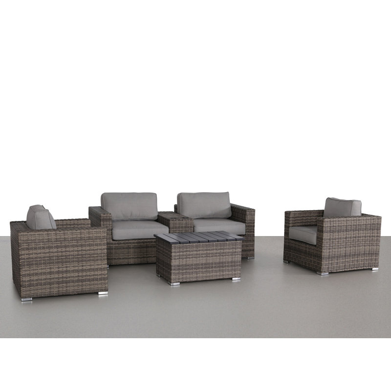 Ensemble de conversation en osier pour 4 personnes avec coussins Cherell