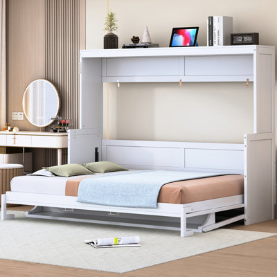 Lit double en blanc, bureau pliant et bureau innovant, relevage hydraulique, peu encombrant pour les petits appartements, capacité de poids de 600 lb, salon avec matelas de 10 pouces,