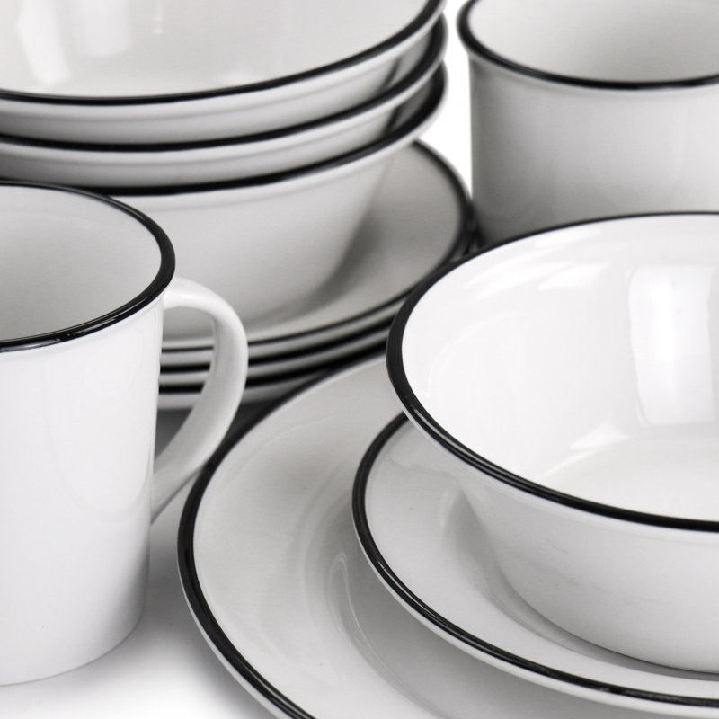 White Ceramic 16-Piece Dinnerware Set with Black Rim