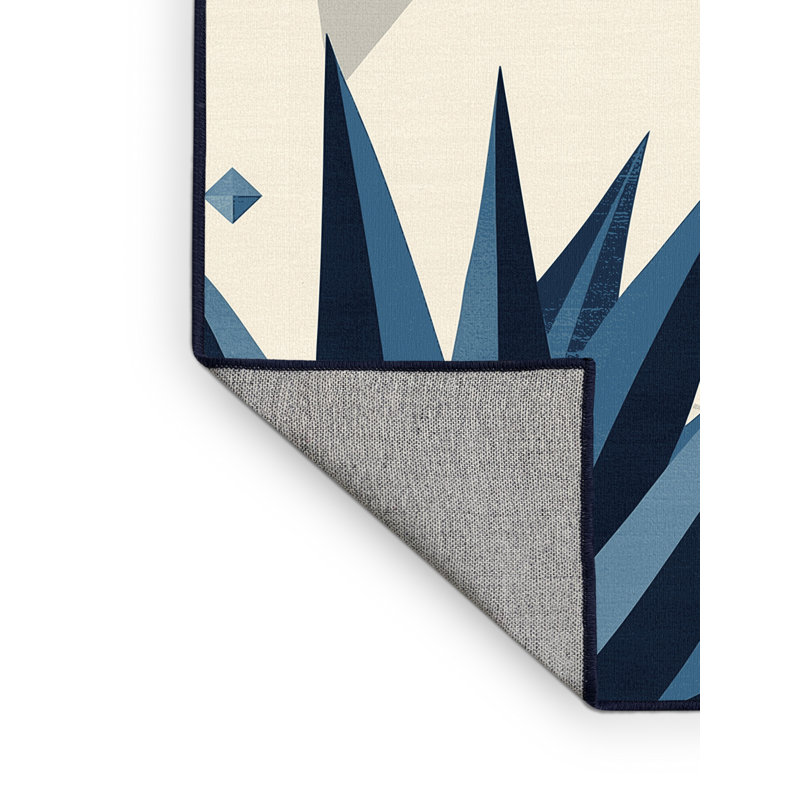 Machine Washable Ortmund Blue Agave Modern & Contemporary Geometric Shapes Rug in Beige – Navy Binding, 3x5