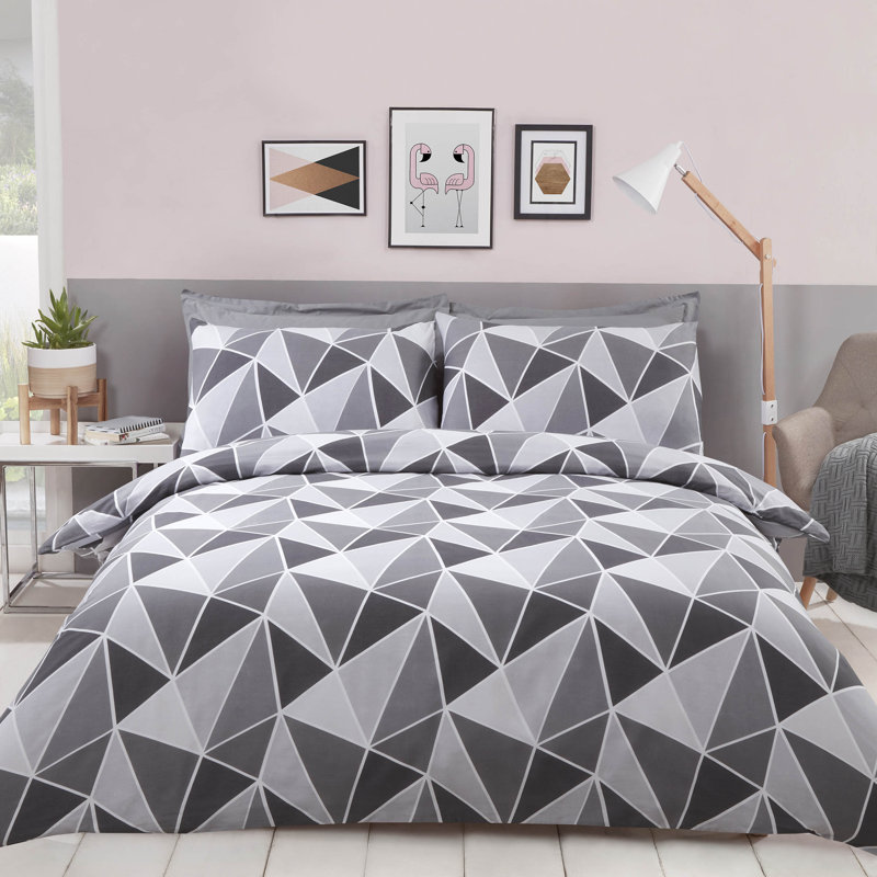 17 Stories Hollye Geometric Shapes Duvet Cover Set with Pillowcases, King Duvet Cover, Grey