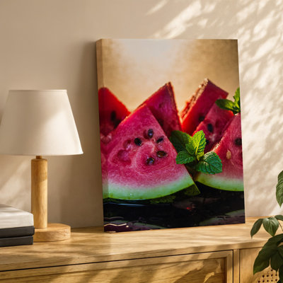 Canvas A Vibrant Close Up Composition Featuring Juicy Watermelon Slices With Wall Art Glossy Wet Surfaces Showcasing Rich Red Flesh Canvas Wall Art