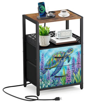 2 Fabric Drawers Night Stand with Charging Station Ocean Blue Turtle Sea Pictures Coastal Print Painting Bedroom Bedside Table End Table with Open Shelf USB Ports and Outlets