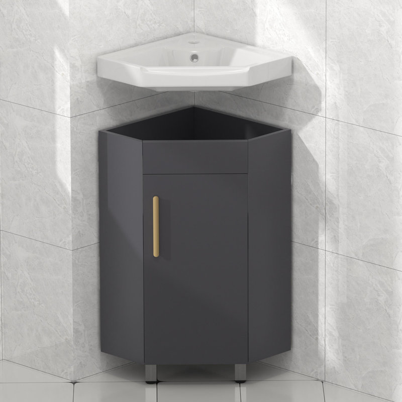 17" Freestanding Corner Single Bathroom Vanity With Ceramic Sink Top-Mirror Cabinet Not Included, Gray