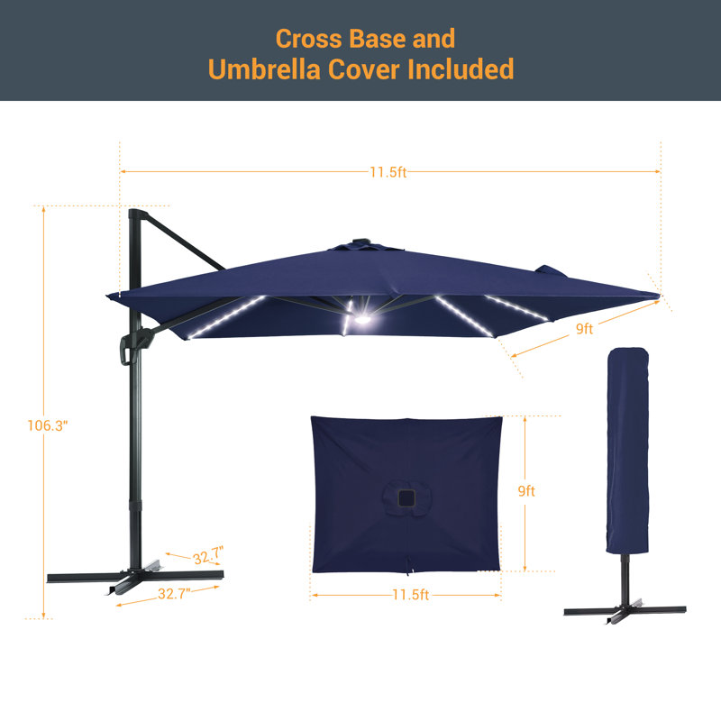 Trixie 11.5' x 9' Rectangular Lighted Cantilever Umbrella with Crank Lift, Navy Blue