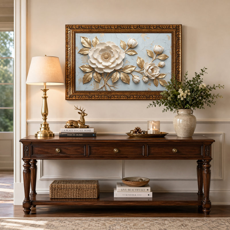 Art mural en toile noyer doré encadré pour le salon, la chambre à coucher, le bureau ou le vestibule - décoration murale décorative avec art floral