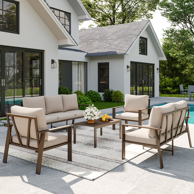 Ensemble de conversation modulaire en rotin pour 4 personnes avec coussins, Gris clair