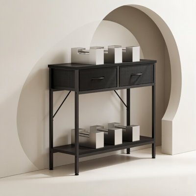 2 Fabric Drawers Black Console Table with Open Shelf & Shoe Storage Entryway Table for Hallway, Living Room, Bedroom & Foyer