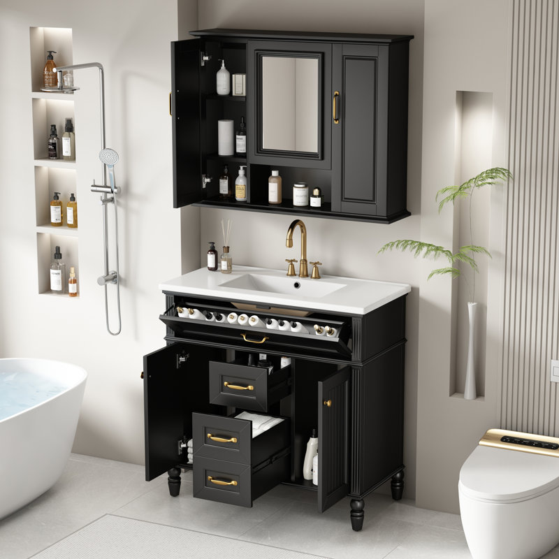 36" Bathroom Vanity With Sink, Freestanding Modern Vanity Cabinet With Soft-Close Drawers And Tip-Out Tray, Single Sink Bathroom Vanity With Storage And Matching Mirror Cabinet