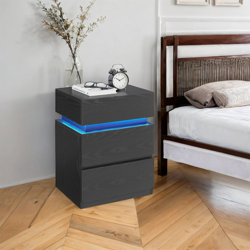 Karisia Nightstands with LED Lights, Adjustable Light Colours, 3 Drawers, Side Table, Modern Style, Black