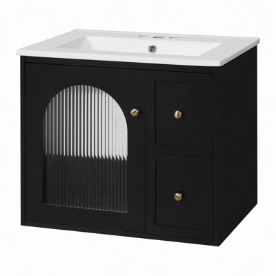 Ensemble de meuble-lavabo mural pour petit espace, armoire de salle de bain avec lavabo en céramique, tiroirs et porte à fermeture en douceur