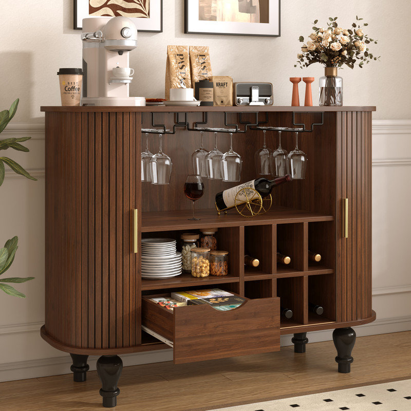 39" Fluted Liquor & Coffee Bar Cabinet with 6 Wine Racks and 3 Glass Holders, Mid-Century Modern Bar Cabinet with A Large Storage Drawer ,4 Hidden Storage Space on the Side , Walnut